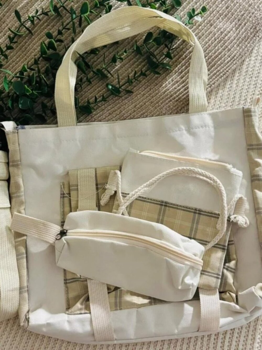 Cottagecore Cream Plaid Multi Piece Tote Set Canvas Buckle Bag